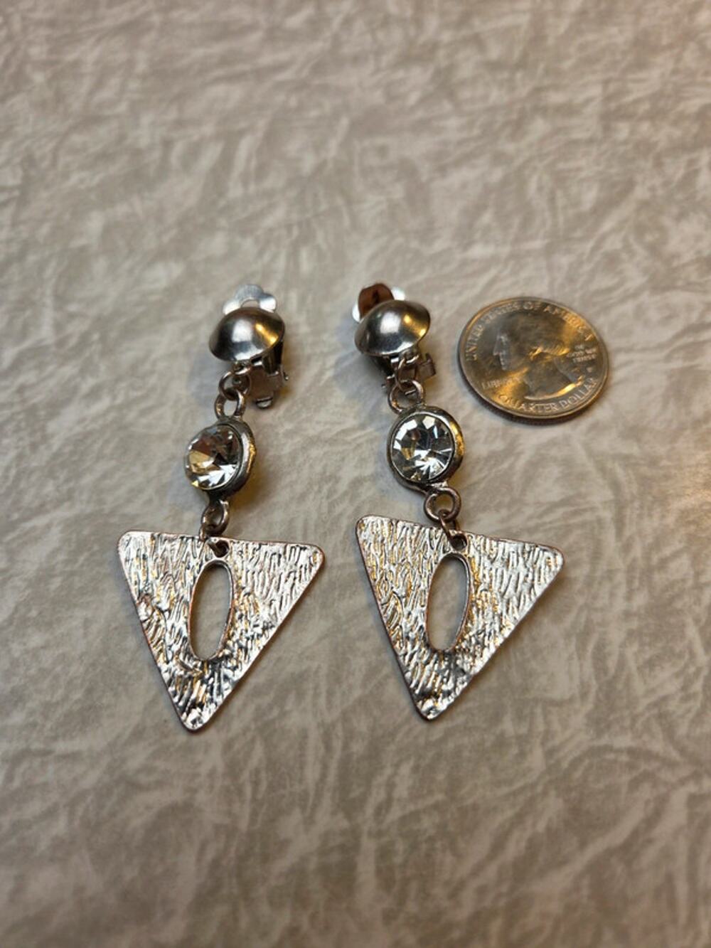 Silver Tone Geometric Triangle Rhinestone Clip On Earrings